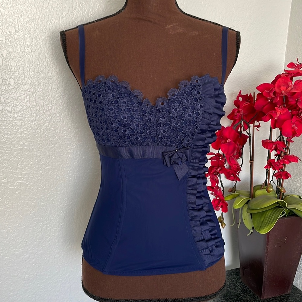 Christies Navy Blue Floral Crochet Ruffle Corset Top 34